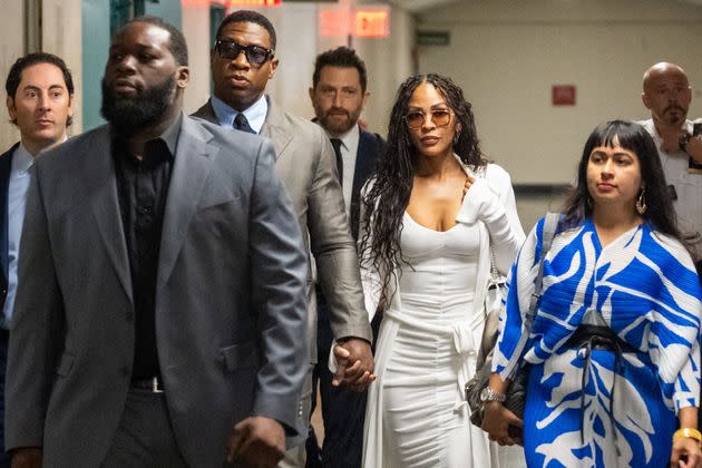 Actor Jonathan Majors, and his girlfriend, Meagan Good, flanked by his lawyer Priya Chaudhry (R), arrive to Manhattan Criminal Court for his pre-trial hearing on Aug. 3, 2023 in New York City. If convicted, Majors could face up to a year in jail over misdemeanor charges of assault and harassment. (Photo by Alexi Rosenfeld/Getty Images)