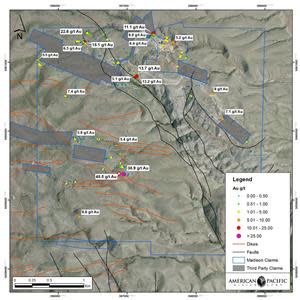 Gold values in surface rock sampling compilation.  Rock samples showing gold distribution at Madison Project. Samples greater than 5 g/t Au are labelled.