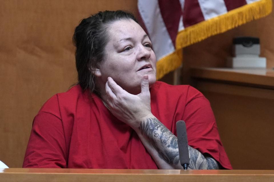 Rebecca Maines testifies during the trial of the Adam Montgomery at Hillsborough County Superior Court, Tuesday, Feb. 20, 2024, in Manchester, N.H. Montgomery is facing second-degree murder and other charges in the death of his daughter, Harmony. (AP Photo/Charles Krupa, Pool) 