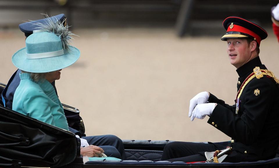 Harry, William, and Camilla share an inside joke.