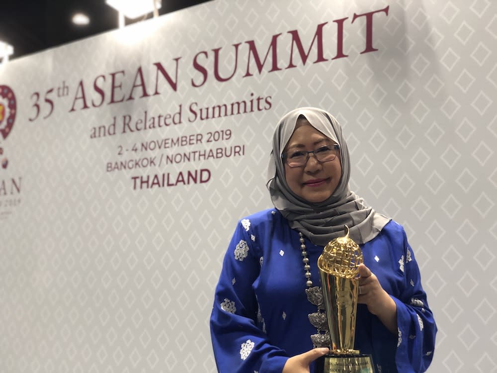 Asean Prize 2019 winner Tan Sri Dr Jemilah Mahmood poses with her trophy after the award ceremony in Bangkok November 3, 2019. — Picture by Debra Chong