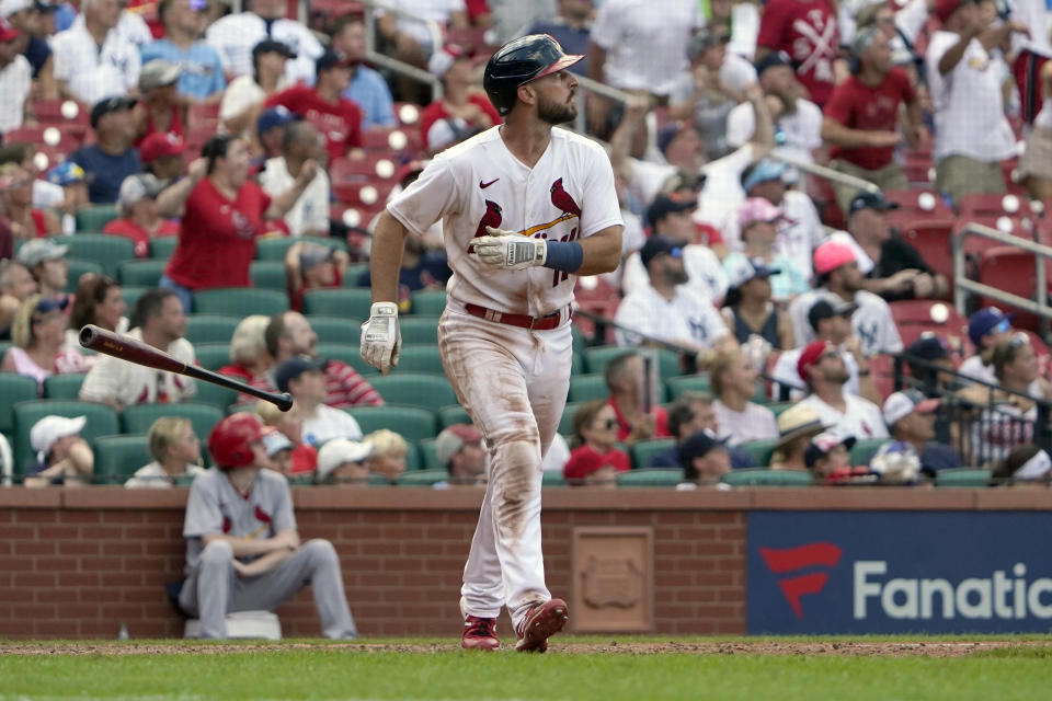 St. Louis Cardinals' Paul DeJong watches his three-run home run during the eighth inning of a baseball game against the New York Yankees Sunday, Aug. 7, 2022, in St. Louis. (AP Photo/Jeff Roberson)