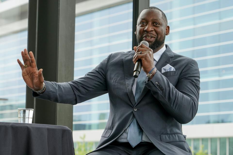 Milwaukee Bucks new head coach Adrian Griffin speaks after being introduced at a news conference Tuesday, June 6, 2023, in Milwaukee. (AP Photo/Morry Gash)