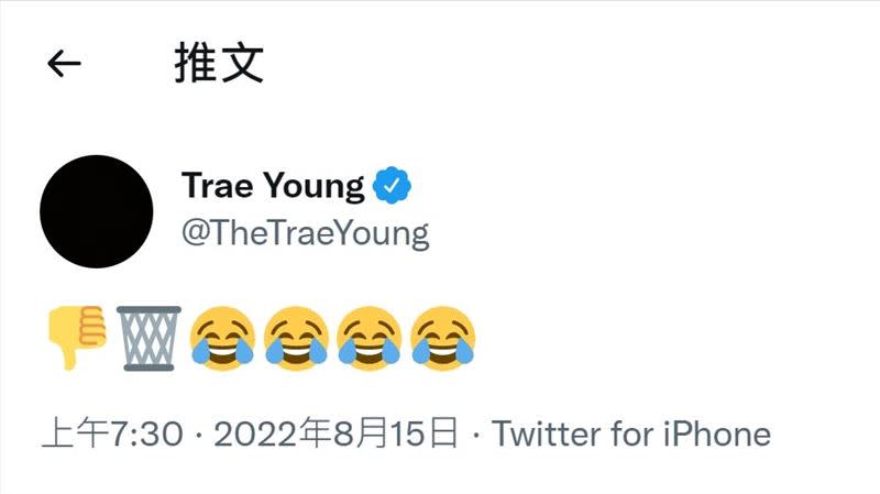 楊恩（Trae Young）在推特上用表情符號表達沒入選聖誕大戰的心情。（圖／翻攝自楊恩推特）