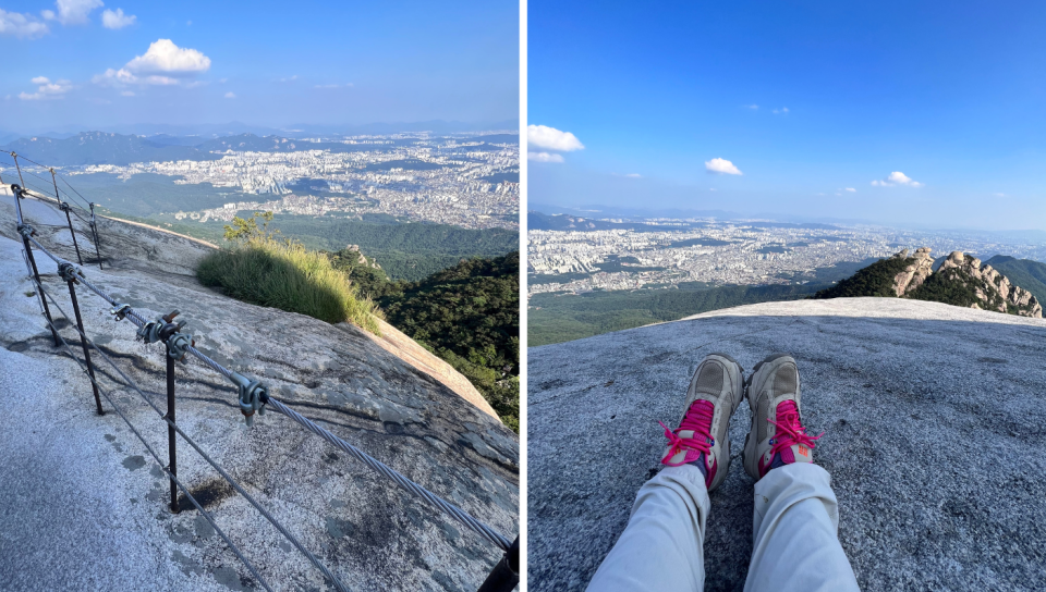 L: Exposed surface of Baegundae Peak R: The view at the top when you can sit on an inclined surface to appreciate the view. (Photo: Stephanie Zheng)