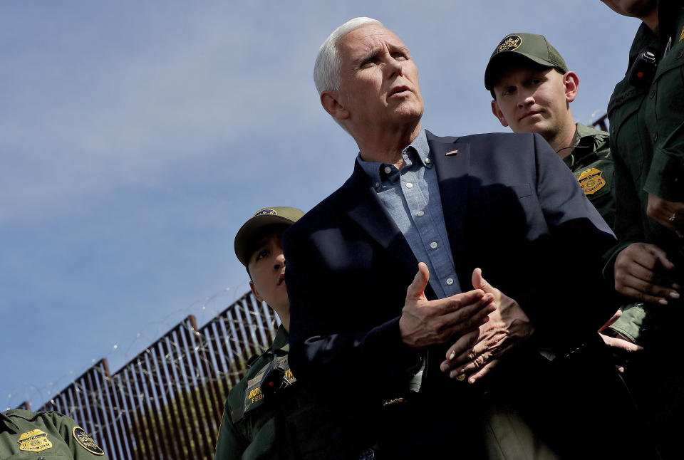 Vice President Mike Pence speaks along the border with Mexico while meeting with border patrol agents, Thursday, April 11, 2019, in Nogales, Ariz. (AP Photo/Matt York)