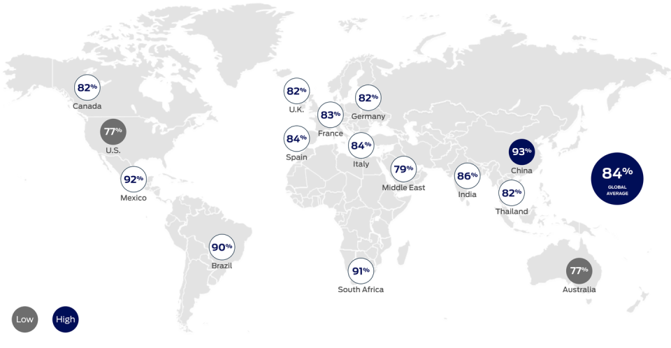 world map with 2024 further with ford survey results on climate change