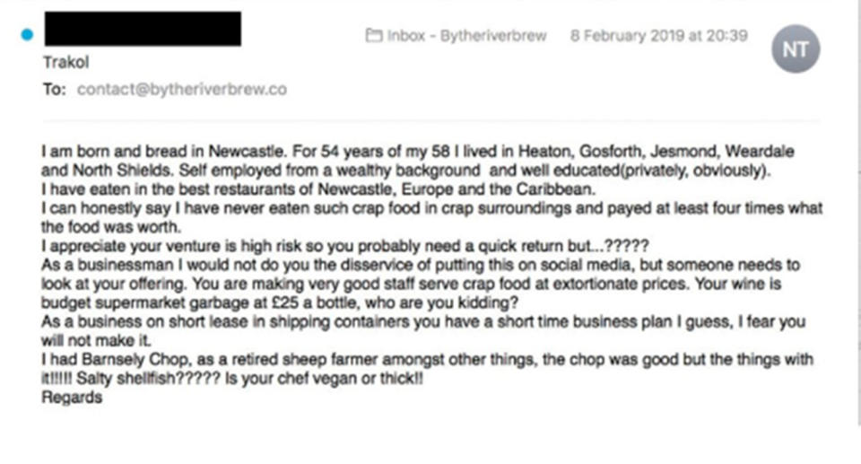 A customer sent The River Brew Co’s Träkol Restaurant, in Gateshead, UK, a scathing email complaining. Source: ByTheRiverBrewCo/Twitter