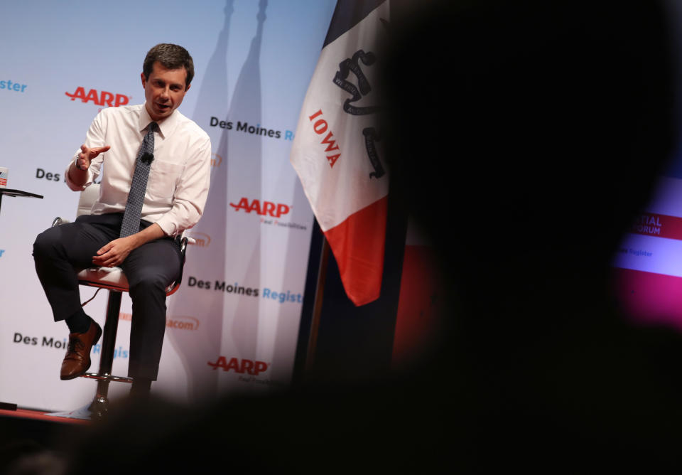 COUNCIL BLUFFS, IOWA - JULY 20: Democratic presidential hopeful South Bend Indiana mayor Pete Buttigieg speaks during the AARP and The Des Moines Register Iowa Presidential Candidate Forum on July 20, 2019 in Council Bluffs, Iowa. Twenty democratic presidential hopefuls participated in the AARP and Des Moines Register candidate forums that featured four candidates per forum that were being held in cities across Iowa over five days.  (Photo by Justin Sullivan/Getty Images)