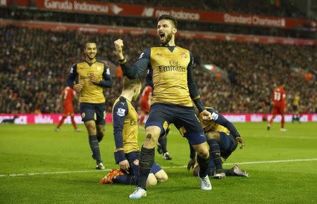 Football Soccer - Liverpool v Arsenal - Barclays Premier League - Anfield - 13/1/16 Olivier Giroud celebrates scoring the third goal for Arsenal Action Images via Reuters / Carl Recine Livepic