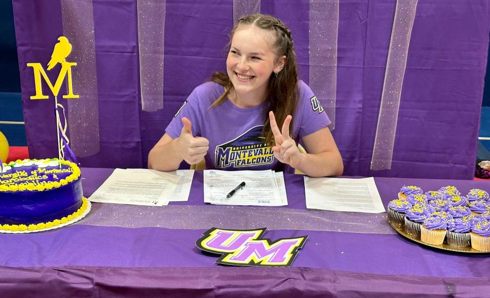 Bradyn Fowler celebrates after signing her letter of intent to join the University of Montevallo acrobatics and tumbling team on Wednesday, Nov. 8, 2023 from Panhandle Perfection Gymnastics.