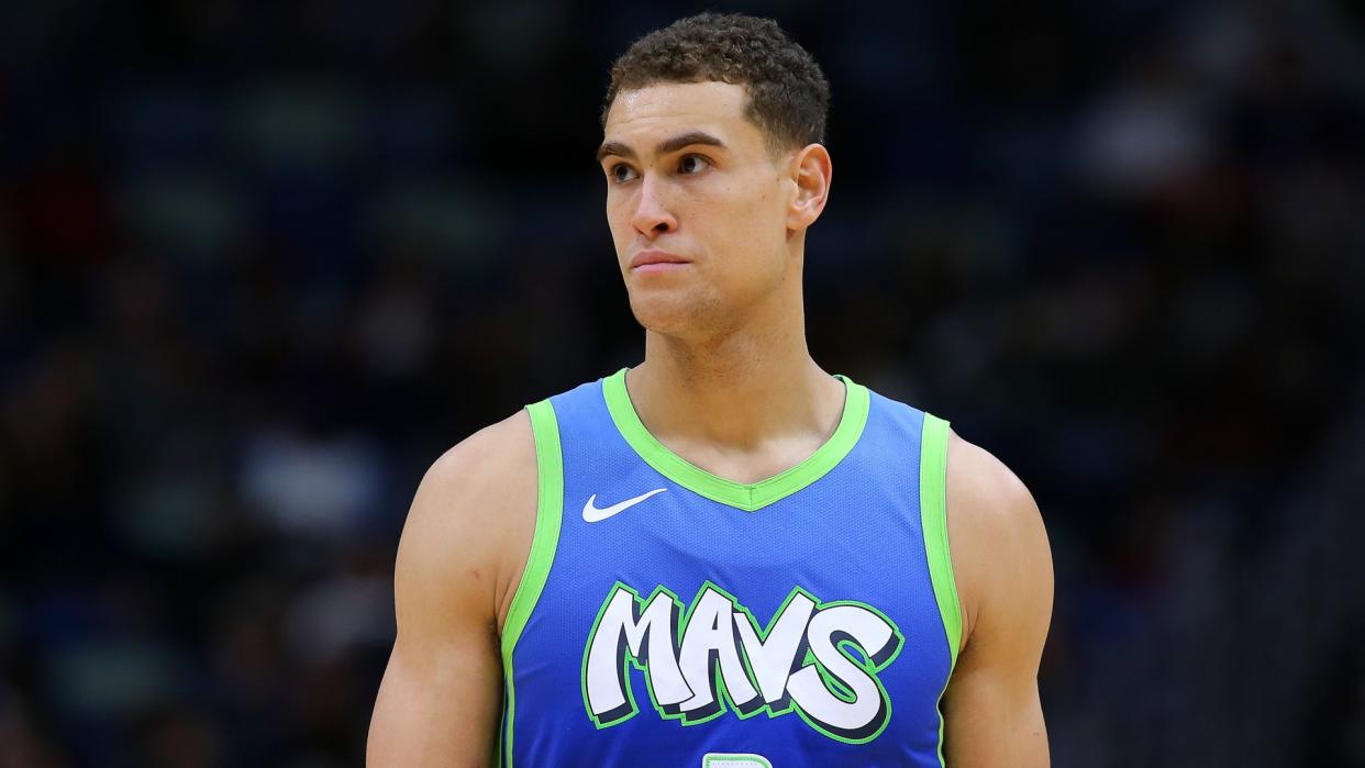 Dwight Powell #7 of the Dallas Mavericks reacts against the New Orleans Pelicans during the second half at the Smoothie King Center on December 03, 2019 in New Orleans, Louisiana.