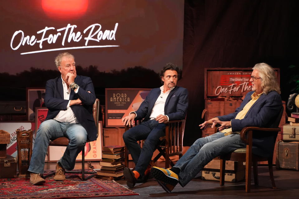 (left-right) Jeremy Clarkson, Richard Hammond and James May during a Q&A event to launch the final episode of The Grand Tour, at BBC TV Centre in London. Picture date: Tuesday September 10, 2024. (Photo by Ian West/PA Images via Getty Images)