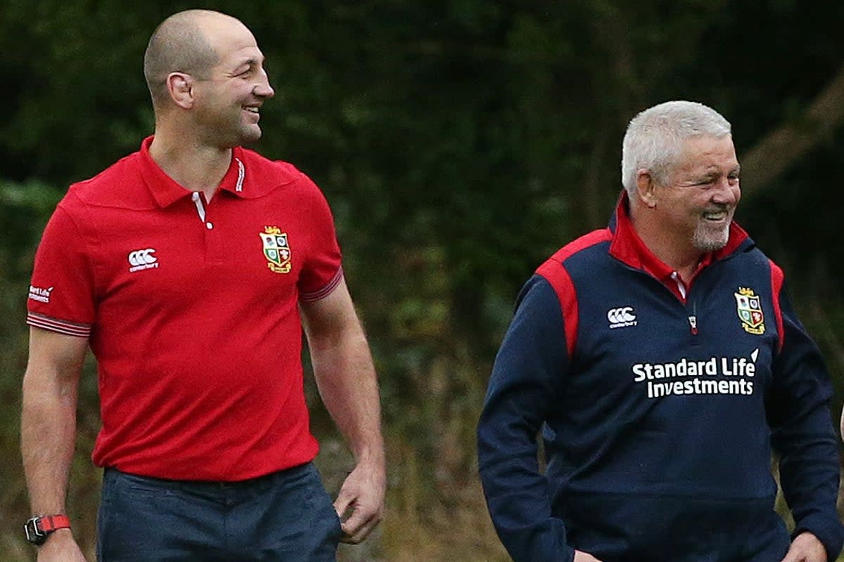 Warren Gatland (second left) with members of his coaching staff Steve Borthwick (left), Rob Howley and Andy Farrell (right) following a press conference to announce the 2017 British and Irish Lions coaching staff at Carlton House, Dublin. (PA Archive)