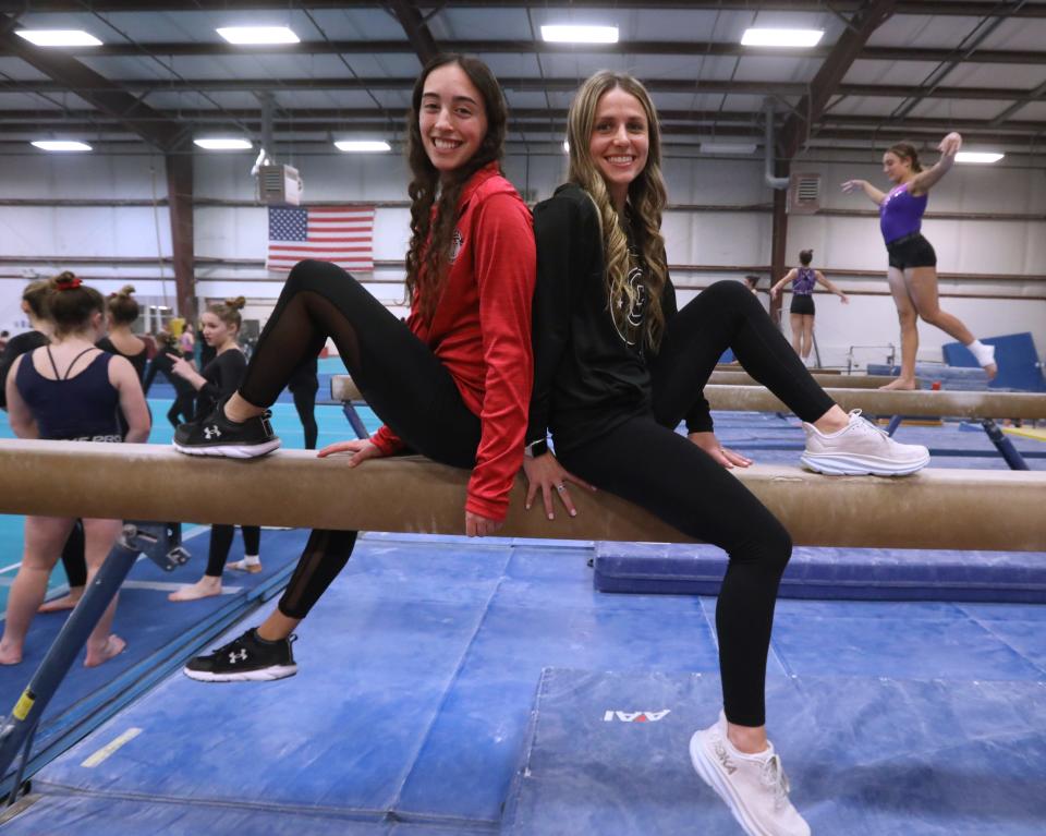 Gymnastic coaches Lexi Calandra of Clarkstown, left, and Lucy DeMichele of Tappan Zee before a meet at Galaxy Gymnastics in Orangeburg Jan. 31, 2024.