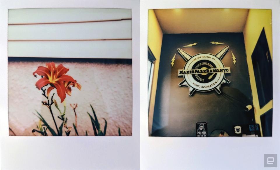 One photo of a flower and one of a large wooden Maker Park Radio logo taken with the Polaroid I-2.