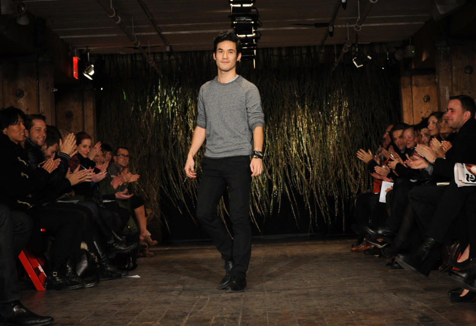 FILE - In this Feb. 11, 2012 file photo, designer Joseph Altuzarra greets the audience after his Altuzarra Fall 2012 collection is shown during Fashion Week in New York. Altuzarra says fashion has been a part of his life as long as he can remember, since boyhood in Paris. It started through a passion for drawing, which eventually became mostly fashion drawing. (AP Photo/Diane Bondareff, file)