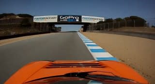 Tesla Roadster driven by Joe Nuxoll on Laguna Seca racetrack, Re:Fuel event, June 2013