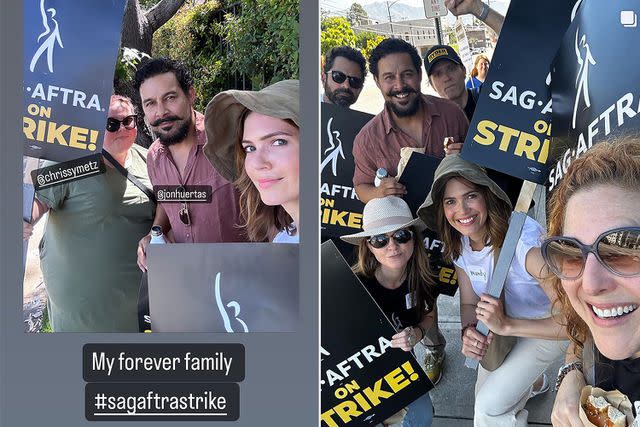 <p>Mandy Moore/Instagram</p> Mandy Moore's reunion with Jon Huertas and Chrissy Metz at the SAG strike