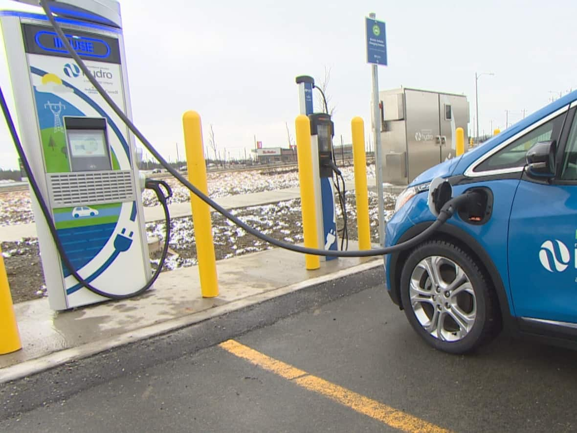 This charging station in Galway, St. John's is part of the fast charger network already installed across the province. But who should pay toward the next installation? (Mark Quinn/CBC - image credit)