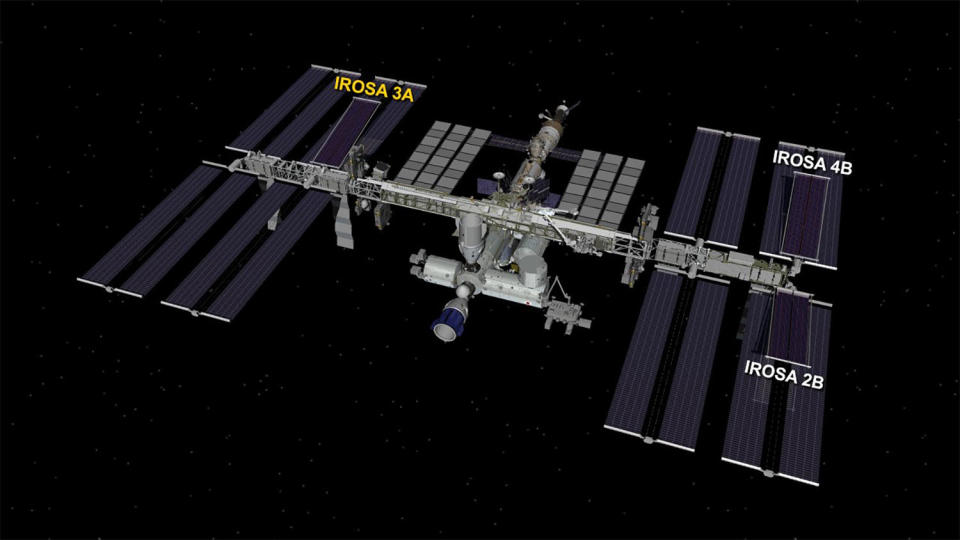 A NASA chart shows where the first three of six IROSA blankets have been installed. / Credit: NASA