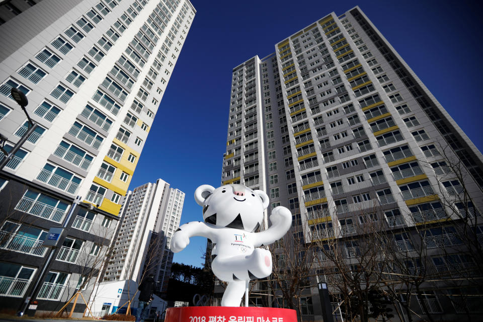 The 2018 PyeongChang Winter Olympics mascot Soohorang stands at the Gangneung Olympic Village in Gangneung, South Korea January 25, 2018. (REUTERS/Kim Hong-Ji)