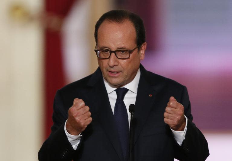 French president Francois Hollande delivers a speech during a press conference, on September 18, 2014 at the Elysee palace in Paris