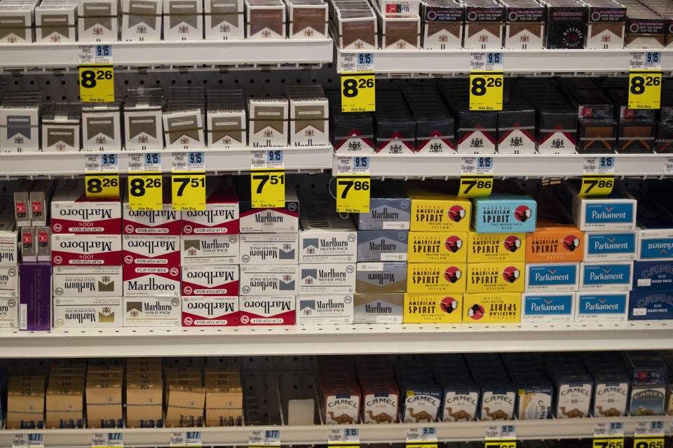 Cigarettes are displayed on store shelves Tuesday, May 7, 2019, in Beverly Hills, Calif. Beverly Hills is considering outlawing the sale of tobacco products, a move that would make the glamorous California city the first in the nation to enact such a ban. (AP Photo/Jae C. Hong)