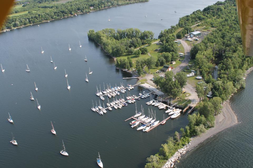 Boats at North Hero Marina are sheltered at moorings and slips in Pelots Bay in Lake Champlain in this undated aerial photo.