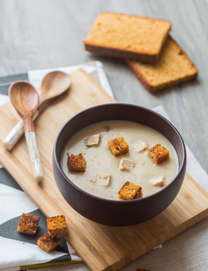 Velouté de châtaignes, foie gras, pain d’épices