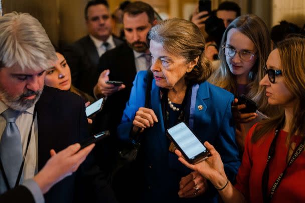 PHOTO: Sen. Dianne Feinstein speaks to reporters before entering the Senate Chamber to vote at the U.S. Capitol, Feb. 14, 2023 in Washington. (Kent Nishimura/Los Angeles Times via Getty Images)
