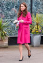 <p><strong>When: March 27, 2015</strong><br>Kate was in her third trimester with Charlotte when she wore this striking pink coat while touring the Stephen Lawrence Centre in Deptford, London. It was her final public appearance before giving birth to her daughter.<br><em>[Photo: Getty]</em> </p>