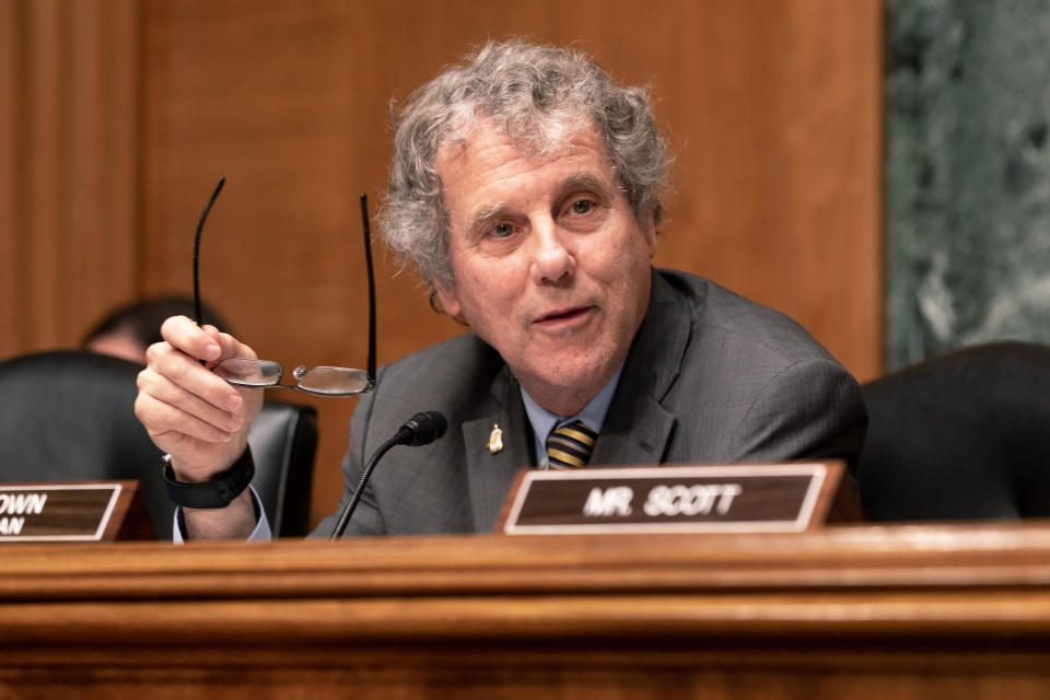 File: Senator Sherrod Brown, a Democrat from Ohio and chairman of the Senate Banking, Housing and Urban Affairs Committee, during a hearing in Washington, DC, US, on Thursday, June 22, 2023.  / Credit: Nathan Howard/Bloomberg via Getty Images