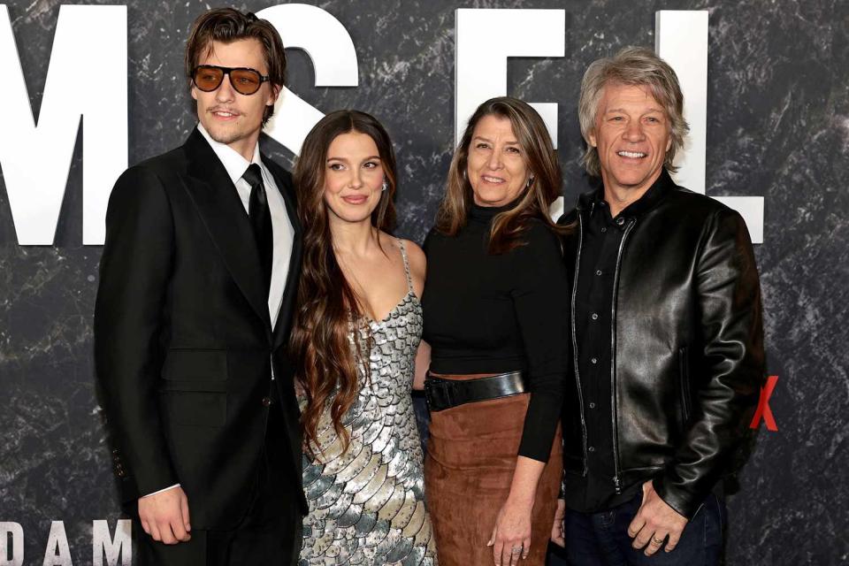 <p>Dimitrios Kambouris/Getty</p> (L-R): Jake Bongiovi, Millie Bobby Brown, Dorothea Hurley and Jon Bon Jovi in New York City in March 2024