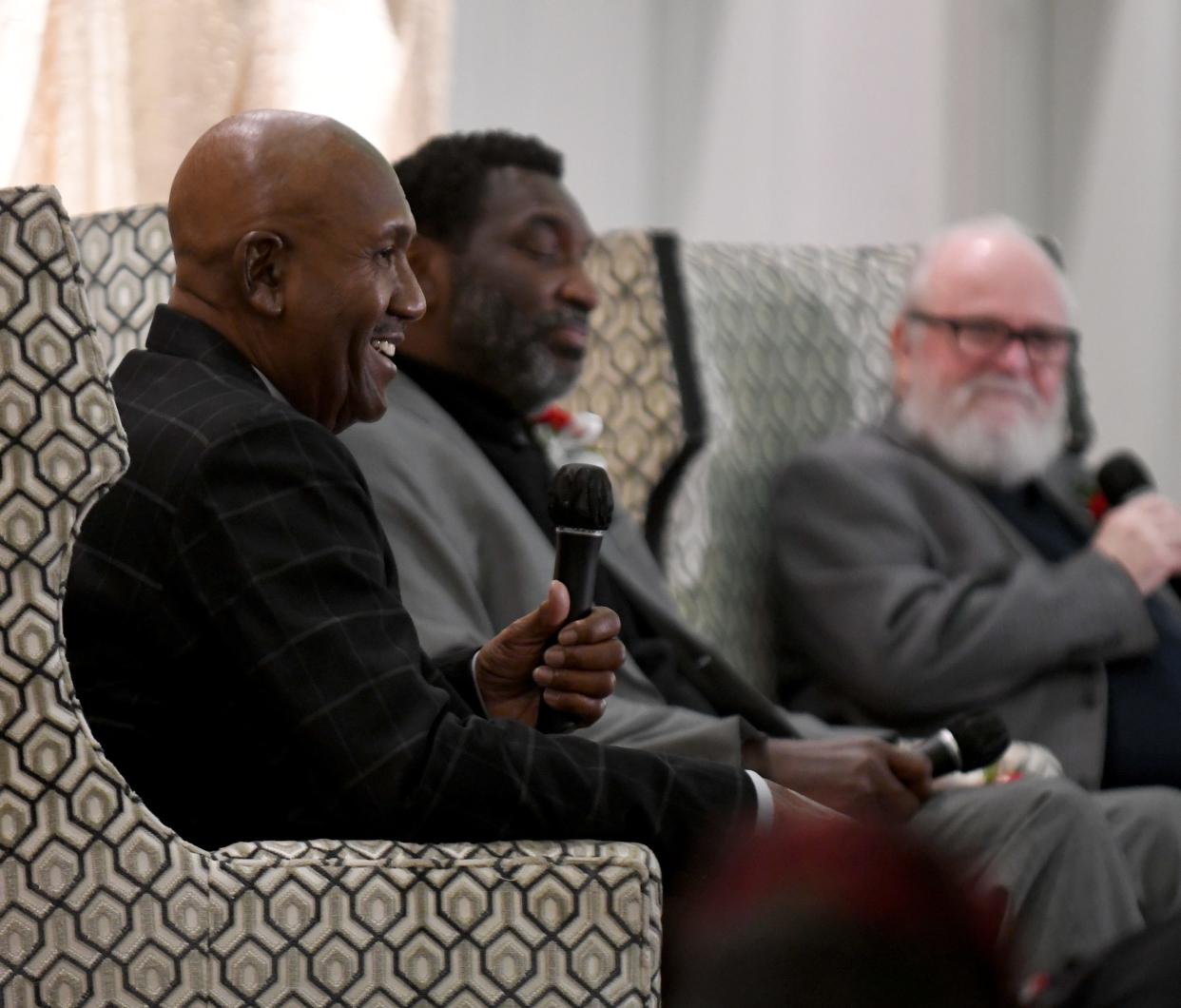James "Shack" Harris, Doug Williams and Joe Horrigan take part in a panel discussion during the 30th annual MLK Mayors' Breakfast at DoubleTree by Hilton in downtown Canton.