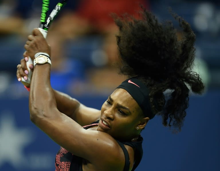 Serena Williams teturns to Vitalia Diatchenko during their US Open match on August 31, 2015 in New York