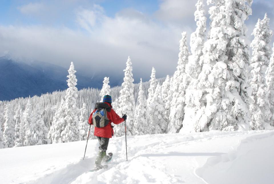 A person snowshoes in Hurricane Ridge at Olympic National Park on Dec. 28, 2008, in Washington.