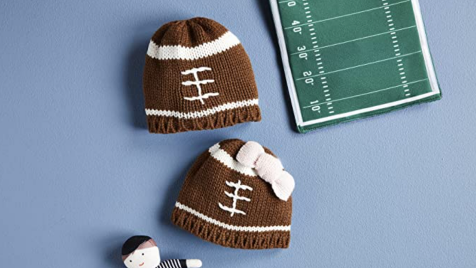 First Super Bowl outfits and toys: A cozy football hat