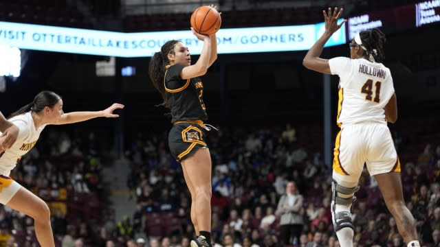 File photo of Grambling State guard Jordaynia Ivie attempting a jump shot during an NCAA women's basketball game.