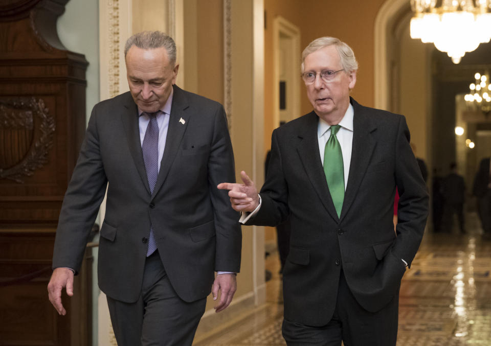 Senate Minority Leader Chuck Schumer (D-N.Y.), left, and Senate Majority Leader Mitch McConnell (R-Ky.) have been at odds over appointments to financial regulatory agencies. (J. Scott Applewhite/ASSOCIATED PRESS)