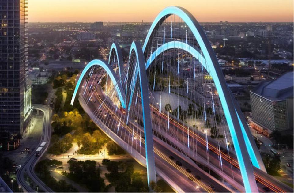 Rendering of the planned “signature bridge” over Biscayne Boulevard in downtown Miami, part of the reconstruction and redesign of I-395.