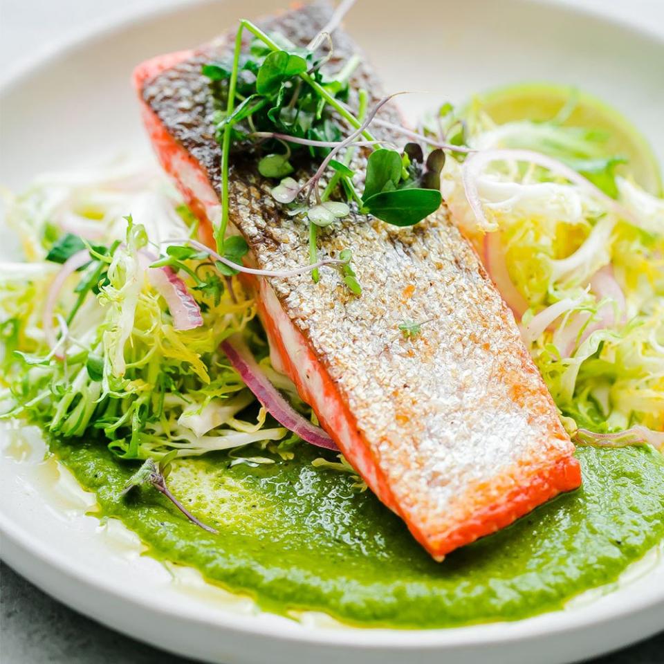 Seared Sockeye Salmon with Green Chili Adobo Sauce and Frisée Salad