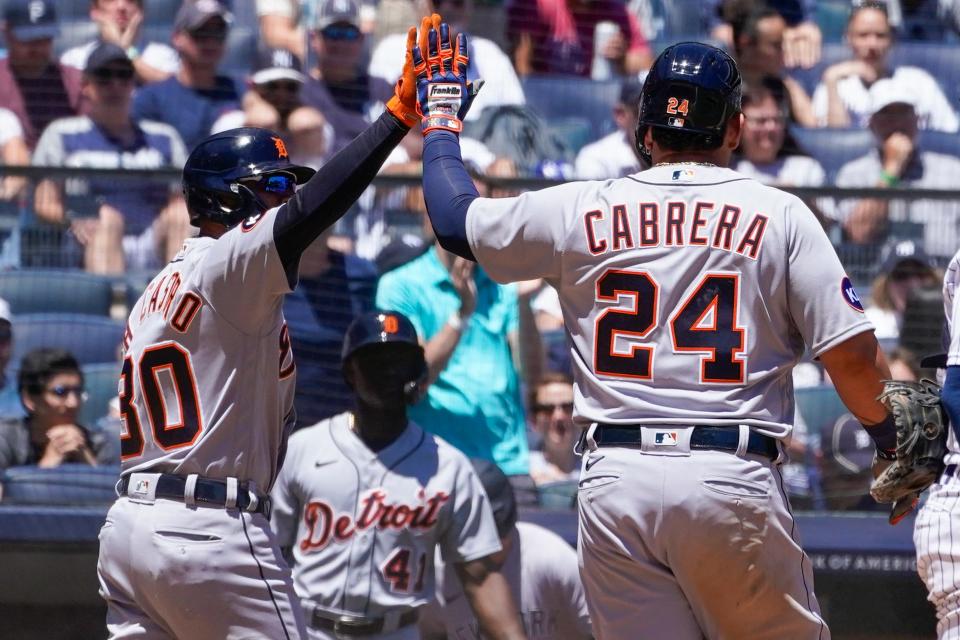 Tigers' Miguel Cabrera (24) celebrates with Harold Castro after scoring off an RBI double by Javier Baez in the fourth inning Sunday, June 5, 2022, in New York.