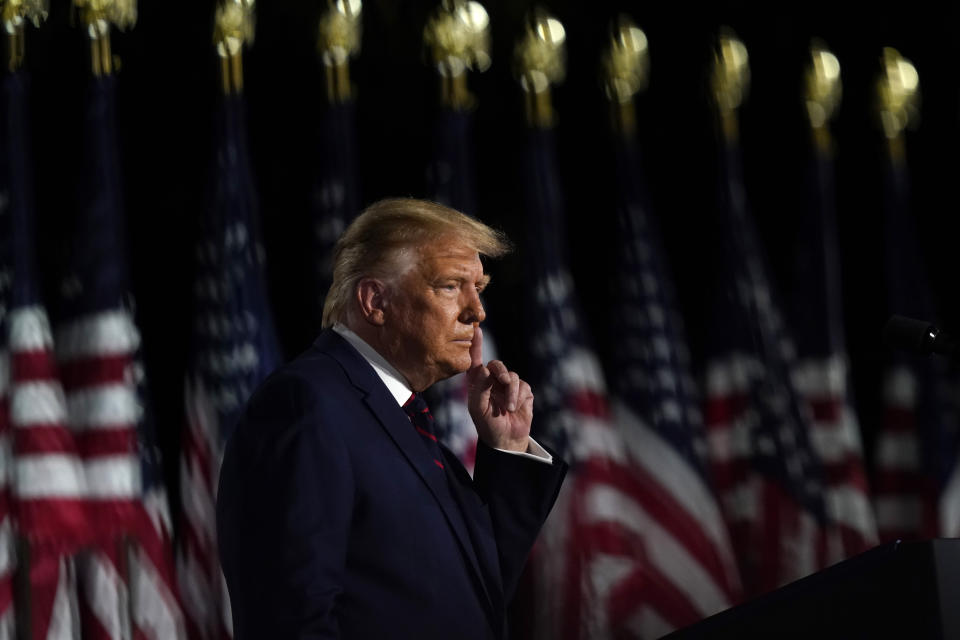 President Donald Trump speaks from the South Lawn of the White House on the fourth day of the Republican National Convention, Thursday, Aug. 27, 2020, in Washington. (AP Photo/Alex Brandon)