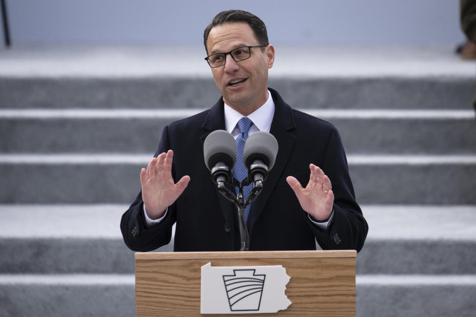 Democratic Gov. Josh Shapiro speaks after taking the oath of office to become Pennsylvania's 48th governor, Tuesday, Jan. 17, 2023, at the state Capitol in Harrisburg, Pa. (AP Photo/Matt Rourke)