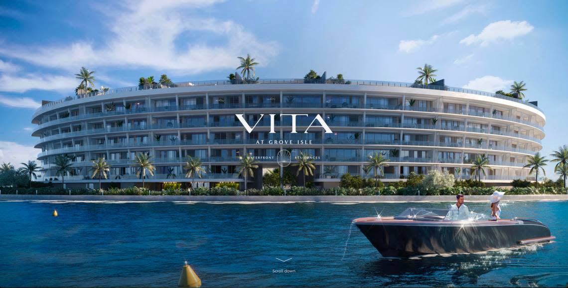 A screengrab of a rendering marketing Vita at Grove Isle in Coconut Grove. The building is seven stories and will contain 65 units. Units are selling for $2.7 million to $22 million. Some Grove Isle residents have sued the city of Miami over the building.