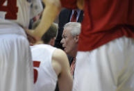 Wisconsin coach Bo Ryan talks with his team during a regional semifinal NCAA college basketball tournament game against Baylor, Thursday, March 27, 2014, in Anaheim, Calif. (AP Photo/Mark J. Terrill)