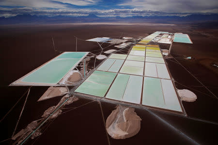 An aerial view of the brine pools and processing areas of the Rockwood lithium plant on the Atacama salt flat in Chile, January 10, 2013. REUTERS/Ivan Alvarado/File Photo