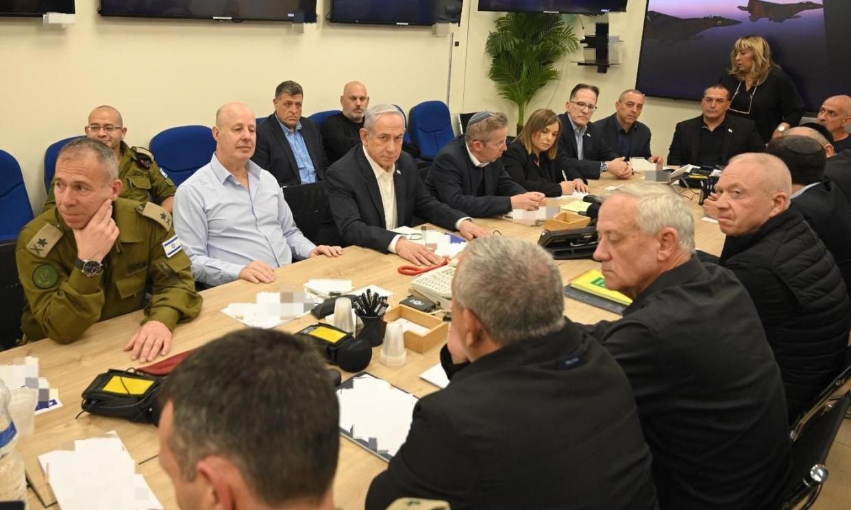 <span>Benjamin Netanyahu attending a meeting of Israel’s wartime cabinet at the defence ministry in Tel Aviv on Sunday.</span><span>Photograph: Xinhua/Rex/Shutterstock</span>