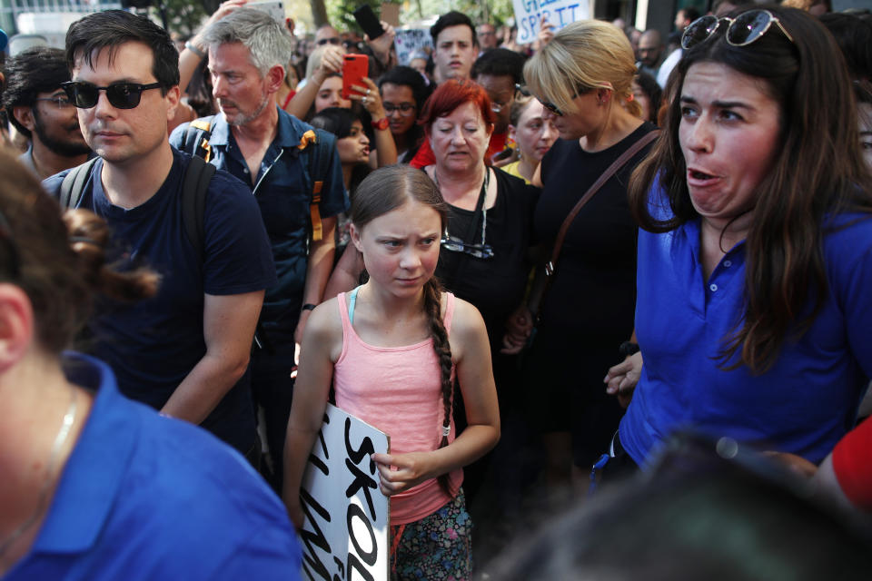 Swedish environmental activist Greta Thunberg participates in a Youth Climate Strike outside the United Nations, Friday, Aug. 30, 2019 in New York. Thunberg is scheduled to address the United Nations Climate Action Summit on September 23. (AP Photo/Mary Altaffer)